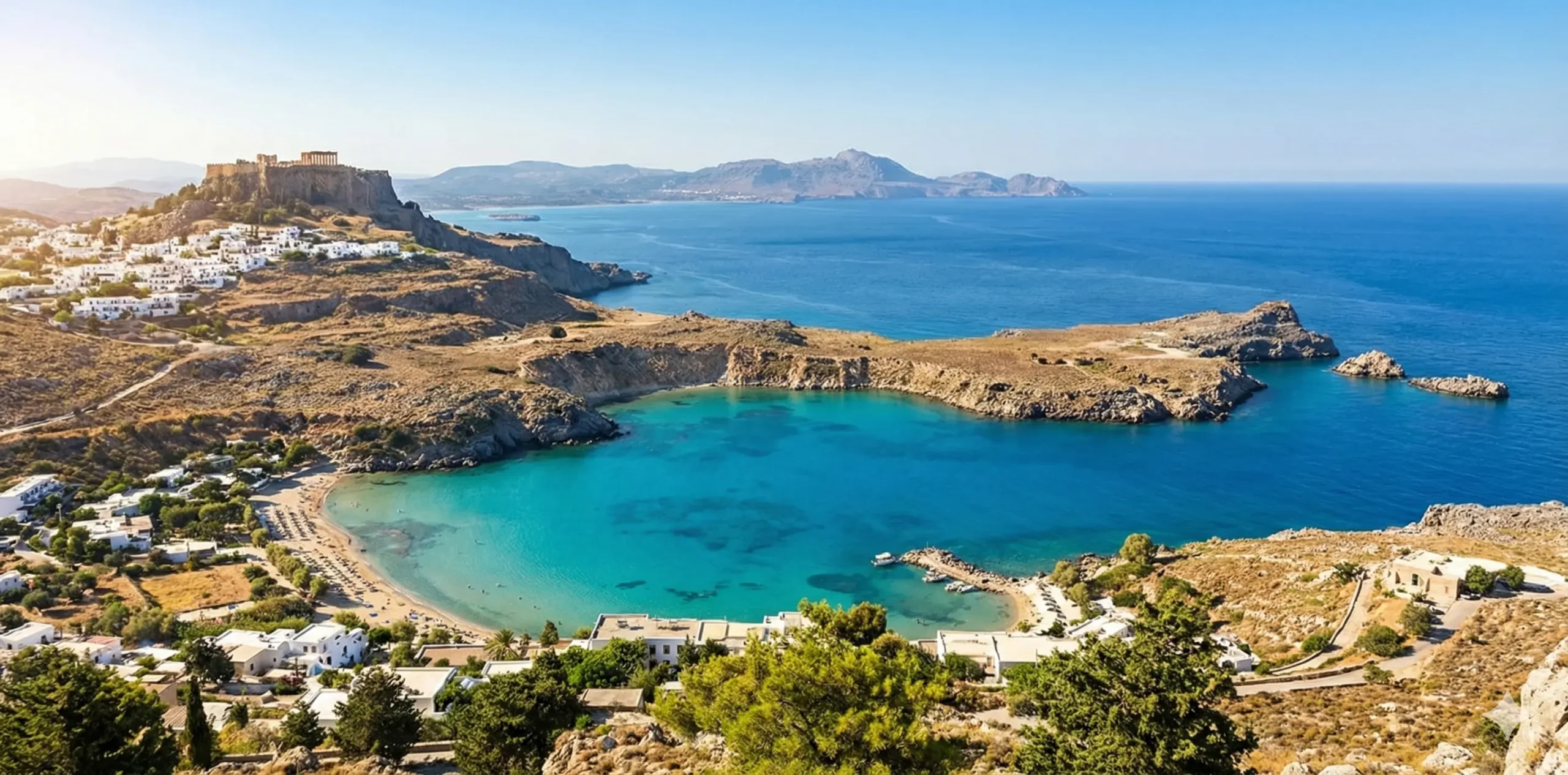 A stunning panoramic landscape view of Rhodes, Greece, featuring the rugged coastline, turquoise Aegean waters, and lush green hills under a bright blue sky, capturing the island's natural beauty.